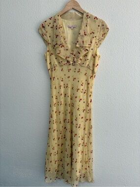 Silk Elizabeth Wayman Yellow Cherry-Print Maxi Dress with Ruffle Collar